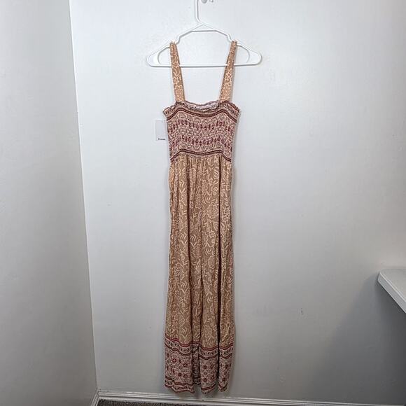 Kindred Anthropologie Tan Cream Floral Boho Floral Wide Crop Leg Jumpsuit Sz M - Picture 6 of 7